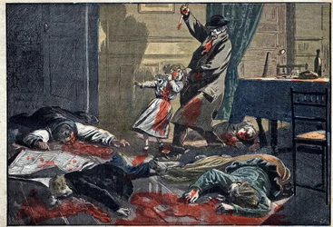 Een vermoorde familie: moord op de familie Leblond door Caillard, een krankzinnige, in Nassandre, nabij Bernay. Illustratie in “Le Pèlerin” van 10 april