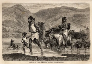 Een familie van Kabyle herders steekt de wadi Djema over om naar de Beni Menguellet markt te gaan, de belangrijkste in de regio; het hoofd van de familie waagt zich eerst, gevolgd door zijn familie en zijn kudde, eerst de schapen en daarna het grootste dee