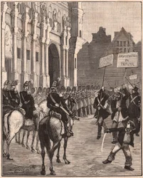 Een groep socialisten die demonstreren tegen de hervormingen van Louis Napoleon Bonaparte, 1849 op de Champ de Mars, Parijs