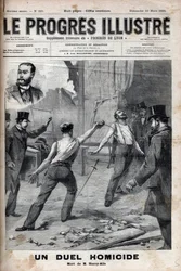 Een moorddadig duel - Op 1 maart 1895, een duel met de speer tussen twee leden van het Comité van Frans Afrika, die voorheen goede kameraden waren, Alfred Le Chatelier en Hippolyte Percher, alias Harry Alis