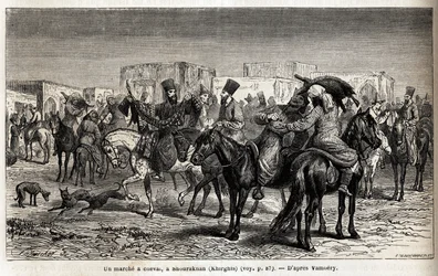 Een paardentocht in Shurakhan (Kirgizië). Illustratie van de reis naar Centraal-Azië, in 1863, door Arminius Vambery (Hongaarse wetenschapper vermomd als derwisj). Gravure in 