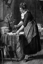 Een huishoudster strijkt in een bourgeois huis. Gravure in het tijdschrift "La jeunesse"