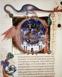 Een miniatuur "A"-letter die de stad van de duivel voorstelt. 14e-eeuws manuscript "De Civitate Dei" door Sint-Augustinus. Biblioteca Comunale di Rimini