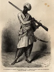 Een bergbewoner uit Hazara (Punjab, India). Gravure ter illustratie van de reis naar Pandjab en Kashmir, verhaal door Guillaume Lejean, in 1866, gepubliceerd in 