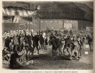 Een nachtelijke wandeling in Edo (Tokyo), de rijstveiling, verkoop bij opbod van een oogst, wat een tumultueuze bijeenkomst creëert voor een gebouw met een enorme fakkel van gevlochten stro, met een bord met gouden letters en het wapen van de verzamelaar.