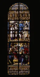 Een royalty op de verkoop van wijn, was en aan de toonbank (boven). Tegen goudprijs, Fredegonde gewapend met een vergiftigde dolk twee shekars van Therouanne (onder). Glas-in-lood in de Kathedraal van Doornik: Transept rechts (4)
