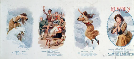 Een reeks vignetten die de opera La Wally illustreren (lithografie)