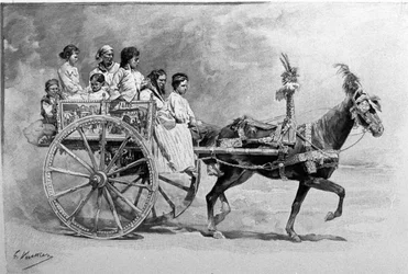 Een traditionele Siciliaanse kar. 19e-eeuwse gravure