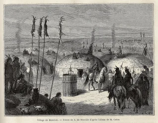 Een dorp van Mandans Indianen (of noumah ka kie: fazanten) op de linkeroever van de Missouri, 600 mijlen van de stad Saint Louis. Gravure ter illustratie van een excursie onder de Indianenstammen van de bekkens van Colombia en Boven-Missouri, door G. Catli
