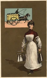 Een wandelende melkboer (leverancier of zuivelhandelaar). Anonieme chromolithografie, eind 19e eeuw.