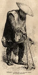 Een wandelende voddenraper, met lange eetstokjes pakt hij de vodden die hij in zijn mand opslaat voordat hij ze aan een groothandelaar verkoopt. Gravure ter illustratie van de reis naar Japan, door Aime Humbert, minister van de Zwitserse Confederatie, in 