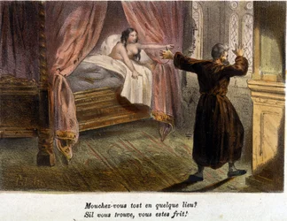 Overspel: een betrapte monnik die zich probeert te verbergen en een naakte vrouw in bed. Lithografie begin 19e eeuw
