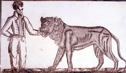Reclame voor het circus in 1800 met een temmer die zijn hand in de mond van een leeuw steekt