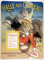 Reclameposter voor de "Halle aux hats", rue de Belleville in Parijs