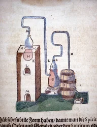 Alchemie: apparaat voor distillatie, uit een boek van Pietro Andrea Mattioli (Matthiole) (1500-1577). Frankfurt