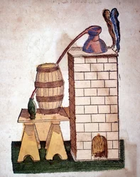 Alchemie: apparaat voor distillatie. Gravure uit een boek van Pietro Andrea Mattioli (Matthiole) (1500-1577). Frankfurt