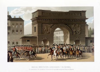 Geallieerden trokken Parijs binnen op 31 maart 1814 (Rusland Alexander I, de Oostenrijkse keizer Francois I en de Pruisische koning Frederik Willem III.) gravure uit 1826.