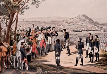 Bondgenoten van Pruisen onder Schwarzenberg verslaan de Fransen onder Marmont/Mortier (gravure)