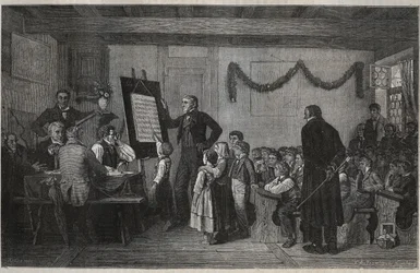 Een examen sessie op een Zwitserse school - gravure in 