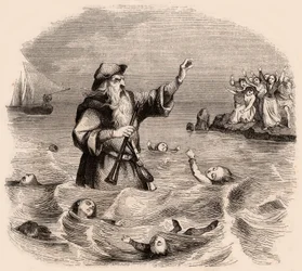Een oude man verdrinkt kinderen in de zee, uit een populaire Duitse traditionele legende