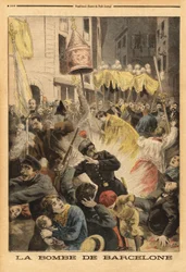 Anarchistische aanslag in Barcelona, bomexplosie in de processie die de kerk van Santa Maria verlaat, straat nuevos cambios. Gravure in 
