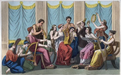 Het oude Griekenland - Concert met verschillende instrumenten - gravure uit „Usi e Costumi di Tutti i Popoli dell
