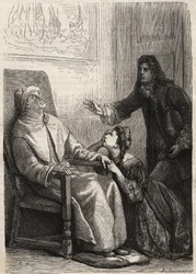 Angelique knielt voor haar vader die ze dood waant - gravure voor Jean Baptiste Poquelin alias Moliere (1622-1673) (De ingebeelde zieke)