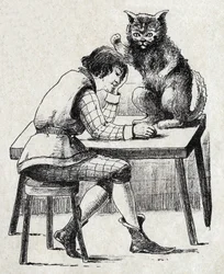 Anonieme illustratie voor "De gelaarsde kat", sprookje door Charles Perrault (1628-1703), Franse schrijver. Beeld Marcel Vagne, Jarville Nancy, ongedateerd (eind 19e eeuw).