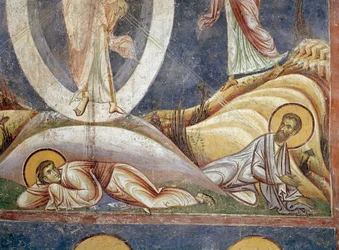 Apostelen Johannes en Jacobus Detail. Fresco van de Transfiguratie. 1164 Nerezi, Kerk van St. Clement, Macedonië