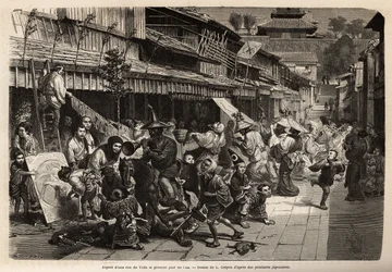 Uiterlijk van een straat in Edo (Tokyo) op de eerste dag van het jaar, de verklede inwoners wandelen rond en kinderspelen zijn alomtegenwoordig: papieren vliegers, steken, tollen en hoepels, sneeuwschoenen, puppy