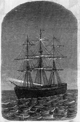 Toepassing van Faure-batterijen: schip op volle zee verlicht door elektriciteit. Gravure in "Le Monde Illustré"