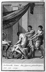 Archimedes tekent geometrische figuren op zijn lichaam