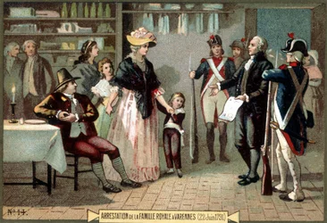 Arrestatie van de koninklijke familie (Louis XVI en Marie Antoinette met hun kinderen) in Varennes (22/06/1791). Chromolithografie uit de 19e eeuw.