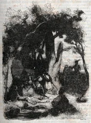 Aankomst van Rodomont en Mandricard bij de fontein van Merlin - gravure van 1851 uit 