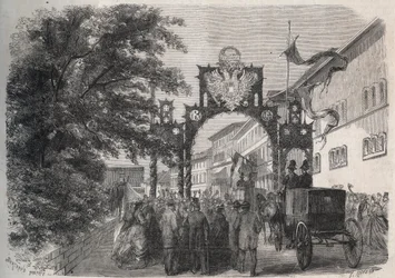 Aankomst van keizerin Elisabeth van Oostenrijk (Sissi) in Bad Kissingen (Spa) in 1865 (gravure in 