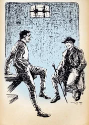 "Arsene Lupin in de gevangenis bespreekt met inspecteur Ganimard"