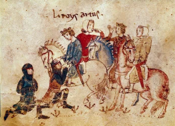 Arthurlegende: Koning Arthur die ridders verzacht (Meliadus, Esclabor en Arfasar). Miniatuur uit 