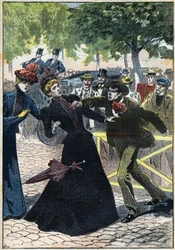 Moord op Keizerin Elisabeth van Oostenrijk (Sissi) door de Italiaanse anarchist Luccheni in Genève in 1898. Illustratie uit 1898. Privécollectie