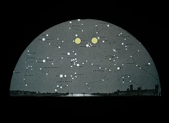 Astronomische zwart-witglasdia met diagram van de positie van de maan op een sterrenkaart boven Londen