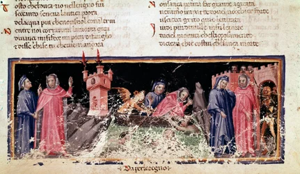 Links staan Dante en Virgil aan de oever van de rivier Styx, de sombere oever van Acheron. In het midden veert Charon Dante en Virgil over, die er erg verontrust uitzien (lied 3 uit de Hel, in de Goddelijke Komedie) - miniatuur
