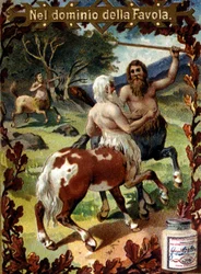 Strijd tussen centauren. Reclamevignet. Chromolithografie van het einde van de 19e eeuw