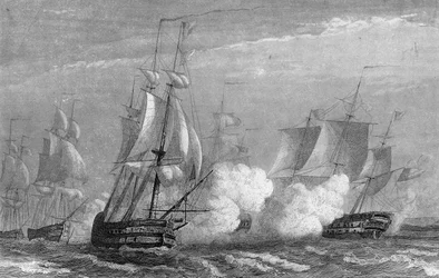 Zeeslag bij Ouessant in de 18e eeuw tussen de Fransen en de Engelsen in 1778. in "Algemene Geschiedenis van de Marine" door Van Tenac