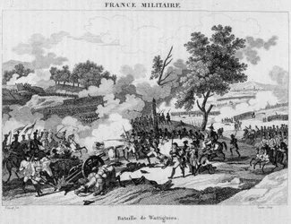 Slag bij Wattignies: Jourdan en Carnot wonnen de overwinning om de stad Maubeuge te ontgrendelen, belegerd door de Oostenrijkers, oktober 1793. Gravure 19e eeuw