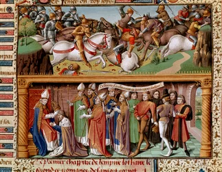 Slagscène en kroning van keizer Lotharius II van Supplinburg (of Lotharius III van het Heilige Rijk, keizer van het Heilige Roomse Rijk) (1075-1137). Miniatuur in 