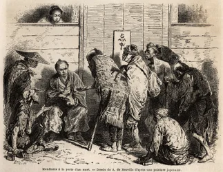 Bedelaars aan de deur van een dode man, gebruikelijke praktijk legt rijke families de verplichting op om aan de deur van hun huis, aan de vooravond van de begrafenisceremonie, een dienaar op te stellen die verantwoordelijk is voor het uitdelen van aalmoeze