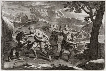 Bijbel van Royaumont, Oude Testament: Geboorte van Samson. Samson scheurt een leeuw in stukken. Illustratie uit 1811.