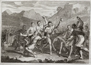 Bijbel van Royaumont, Oude Testament: God maakt een lasteraar van zijn heilige naam tot steen, en een ander die de heilige sabbat schond door wat stro te verzamelen op het veld. Illustratie uit 1811.
