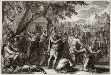 Bijbel van Royaumont, Oude Testament: Broers van Jozef. Jozef laat zijn broers in de gevangenis zetten. Illustratie uit 1811.