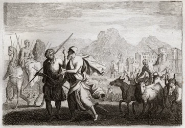 Bijbel van Royaumont, Oude Testament: Roeping van Abraham. God roept Abraham en beveelt hem het land van de Chaldeeën te verlaten om naar een land te gaan dat Hij hem beloofd heeft. Illustratie uit 1811.