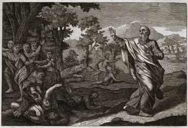 Royaumont Bijbel, Oude Testament: Kinderen verscheurd door beren. Kinderen die de kaalheid van Elisa bespotten worden verscheurd door beren. Illustratie uit 1811.